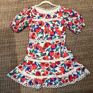 White short sleeve fitted floral Dress with white crochet cut out (NEW!)